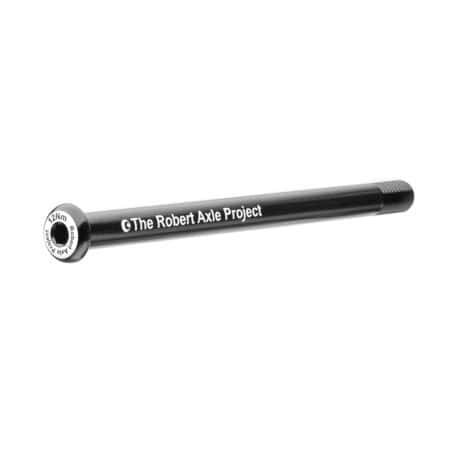 Eje de bicicleta negro con texto 'The Robert Axle Project' y '12Nm torque'.